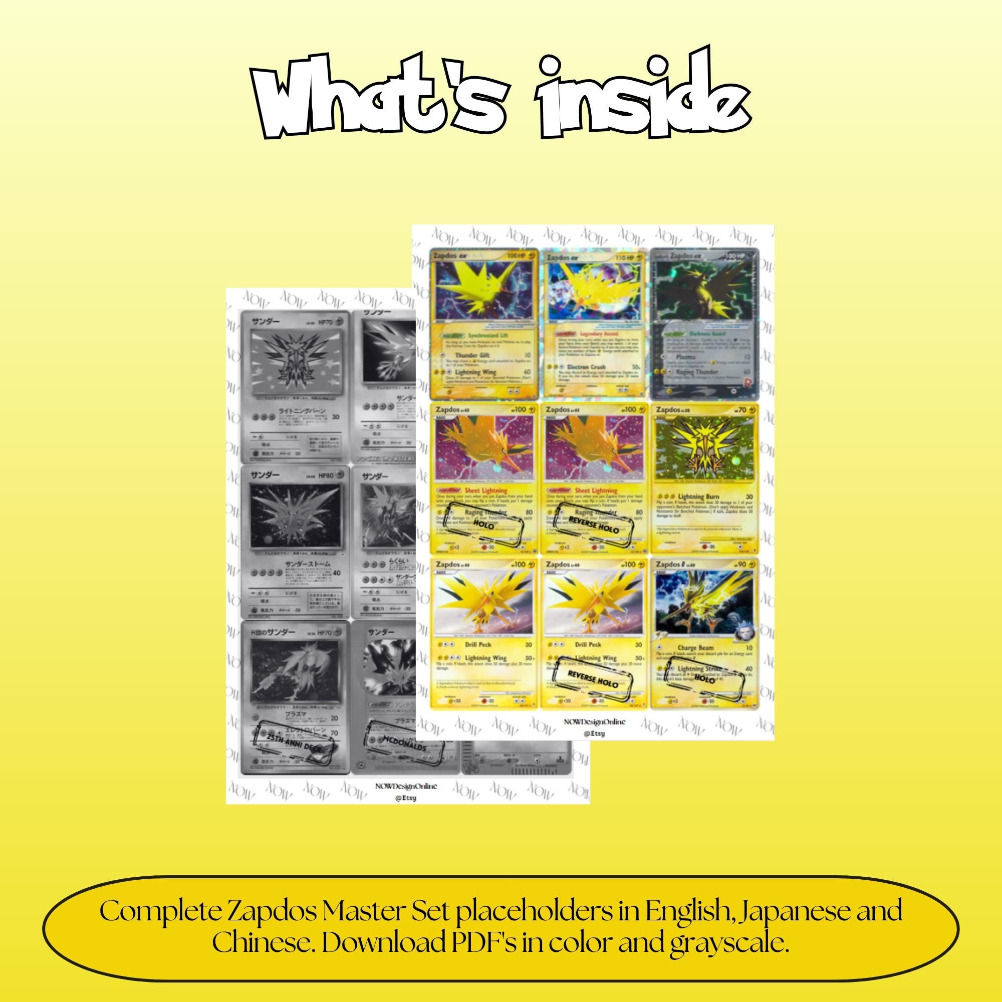 Zapdos binder pages set overview showing the included Pokémon cards to print and cut for your binder sleeves.
