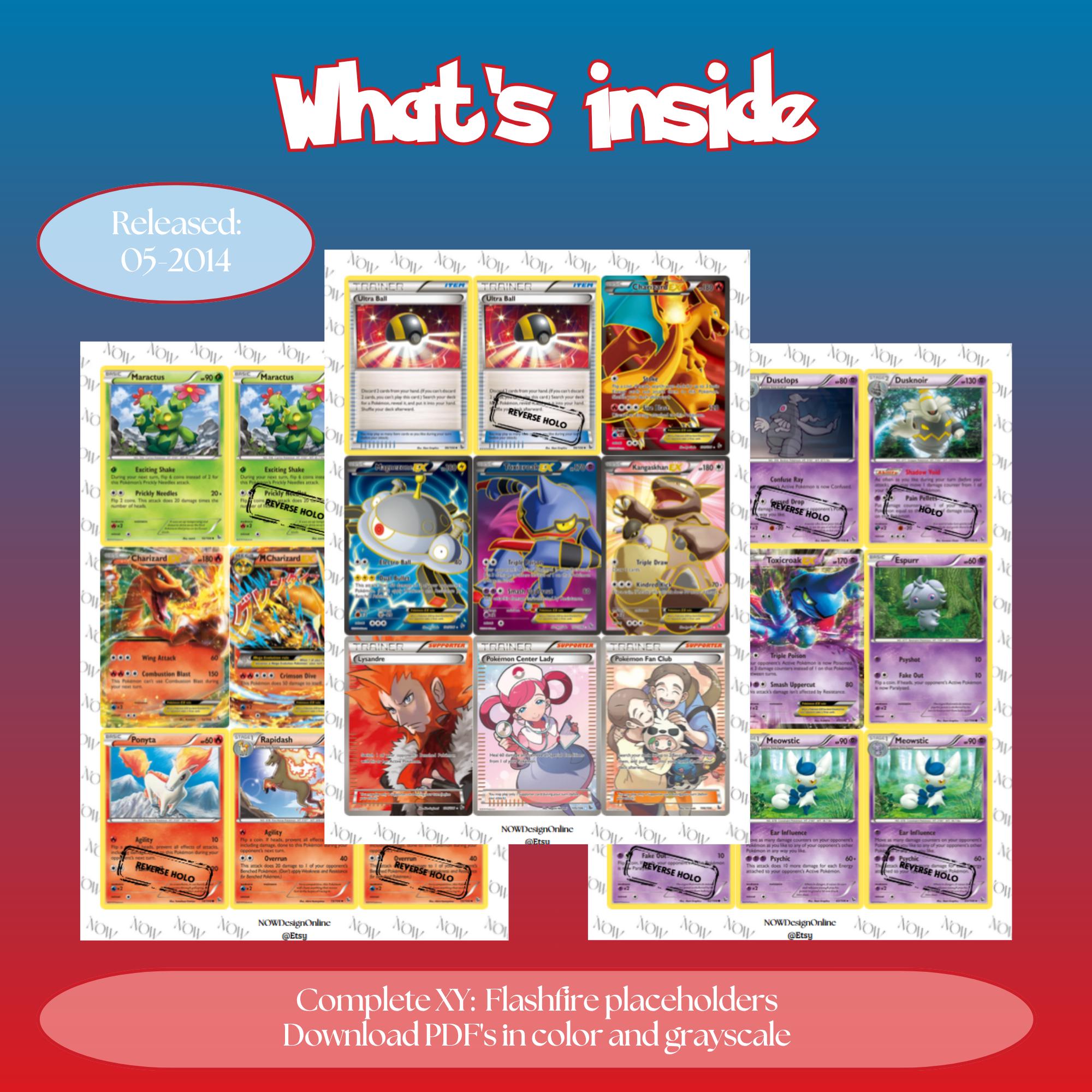 XY: Flashfire master set overview showing the included Pokémon cards to print and a full color checklist for the XY binder.