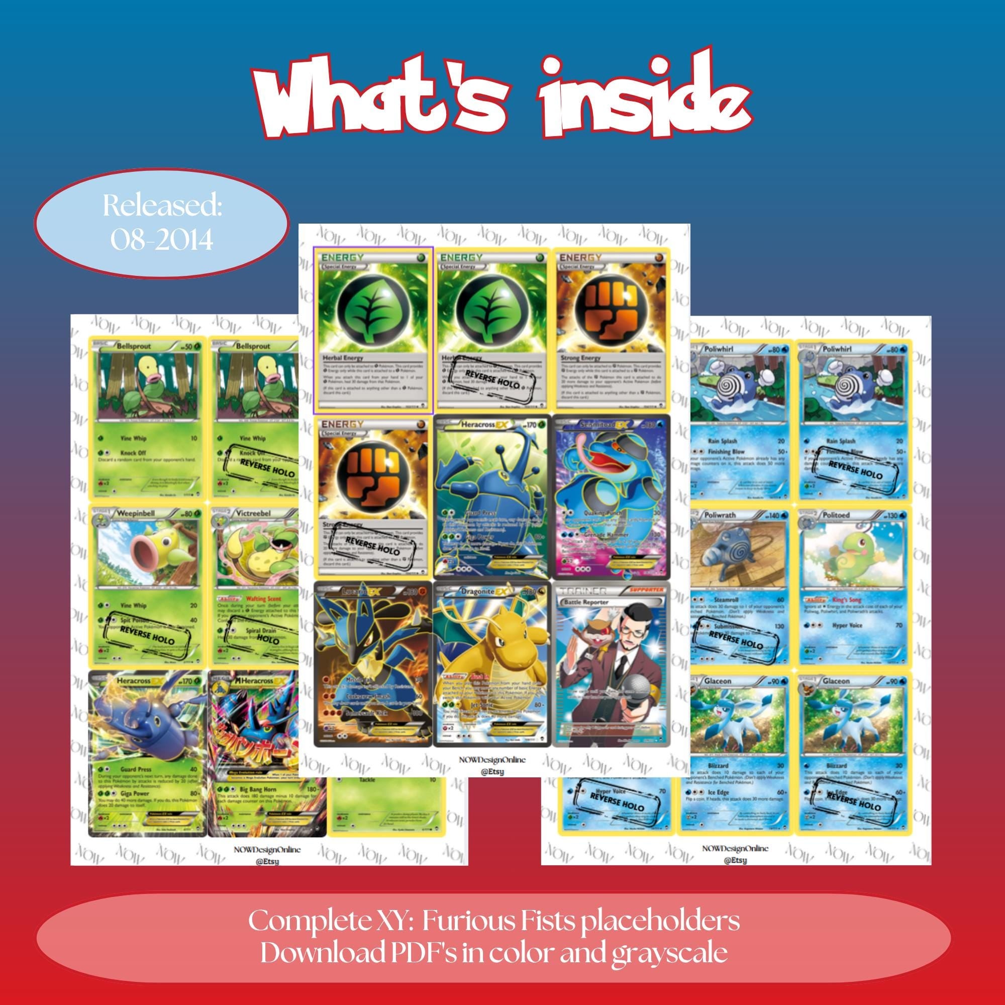 XY: Furious Fists master set overview showing the included Pokémon cards to print and a full color checklist for the XY binder.
