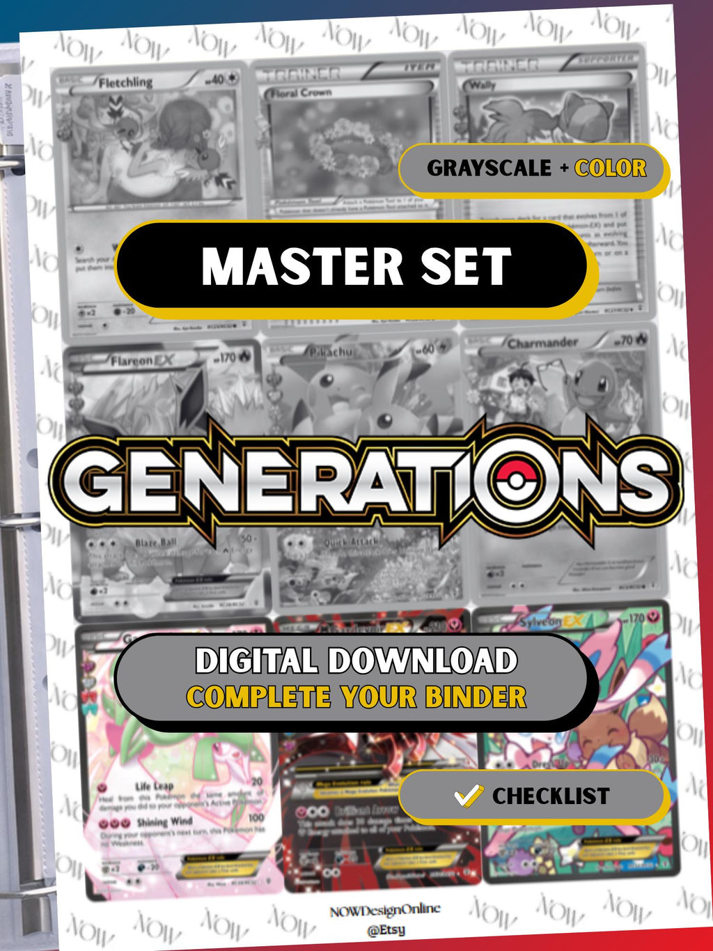 XY: Generations master set binder page showing grayscale and color Pokémon cards, designed as a digital download with checklist to complete a collector’s binder.