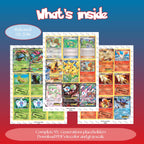 XY: Generations master set overview showing the included Pokémon cards to print and a full color checklist for the XY binder.