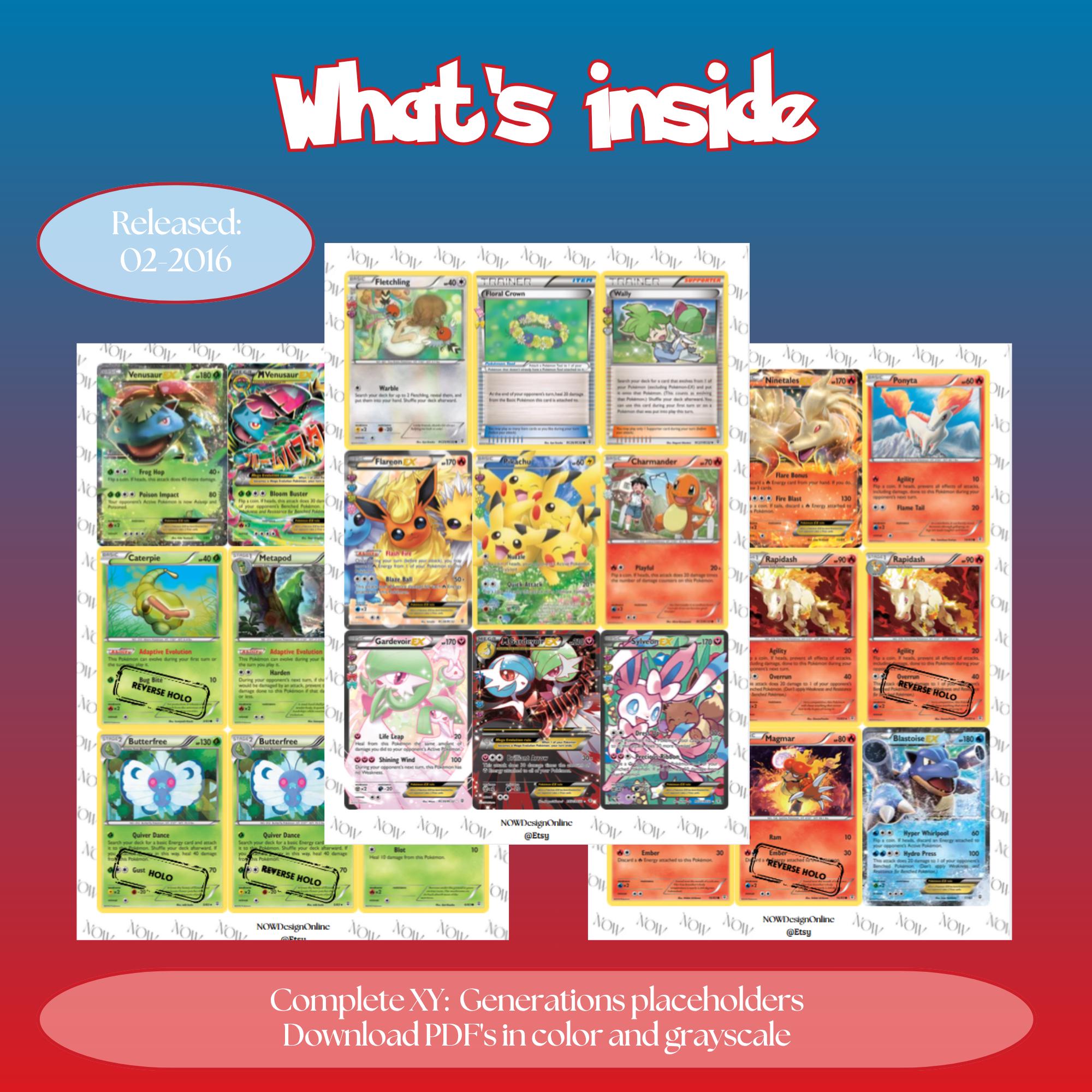 XY: Generations master set overview showing the included Pokémon cards to print and a full color checklist for the XY binder.