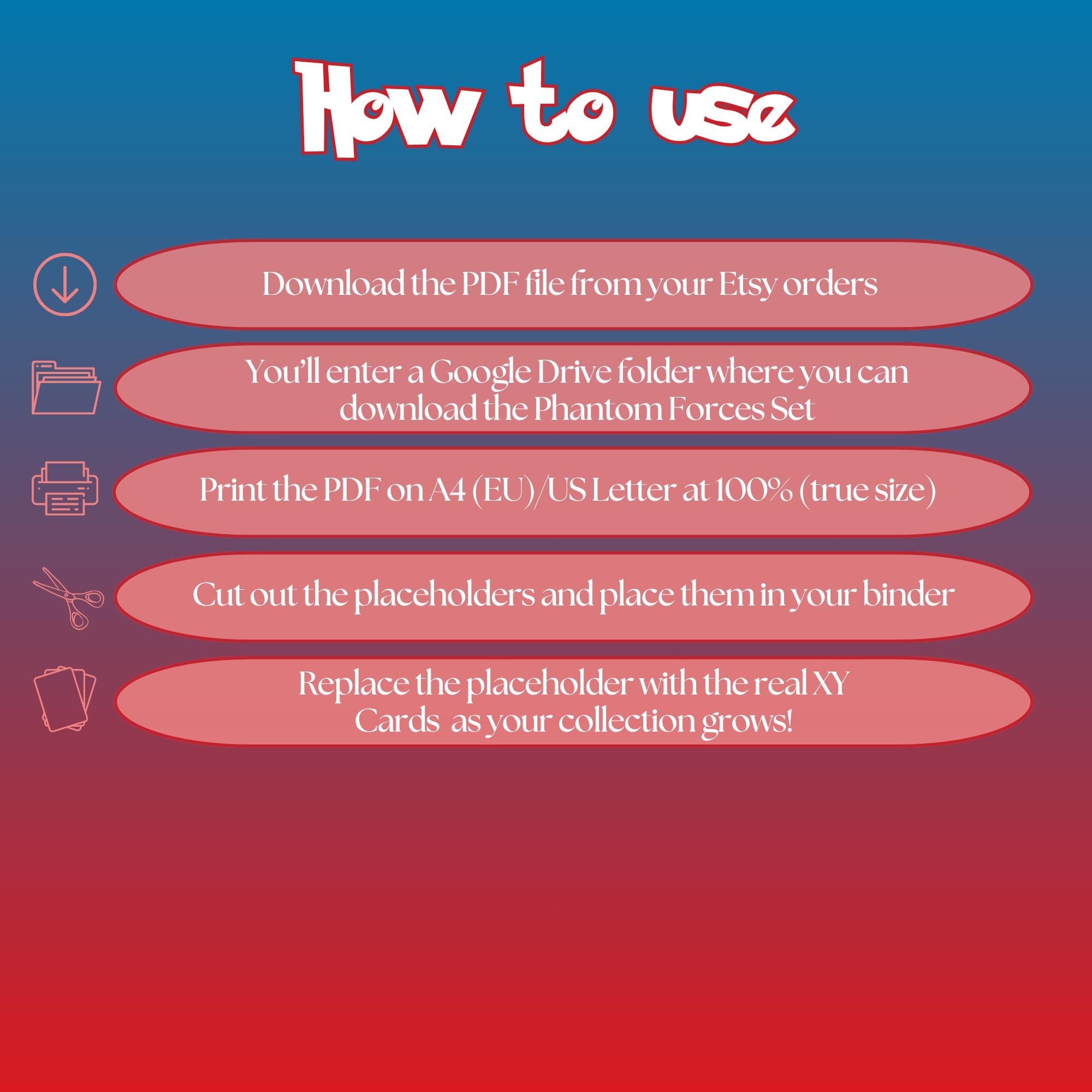 Phantom Forces digital download instructions explaining how to print, cut, and place placeholders in a Pokémon binder.