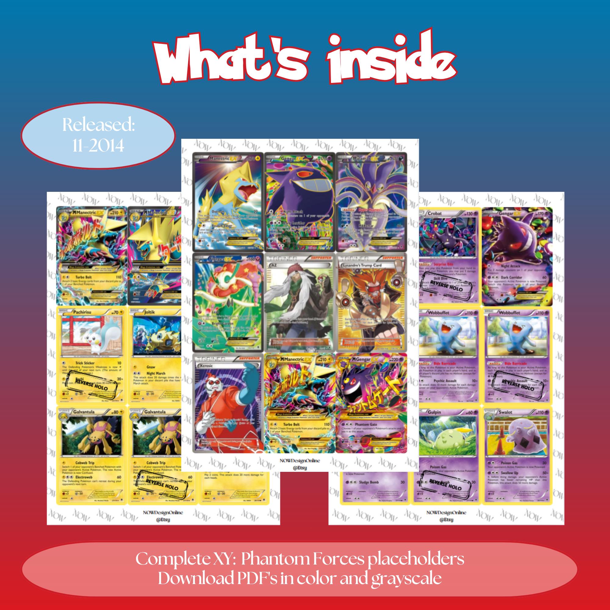 XY: Phantom Forces master set overview showing the included Pokémon cards to print and a full color checklist for the XY binder.