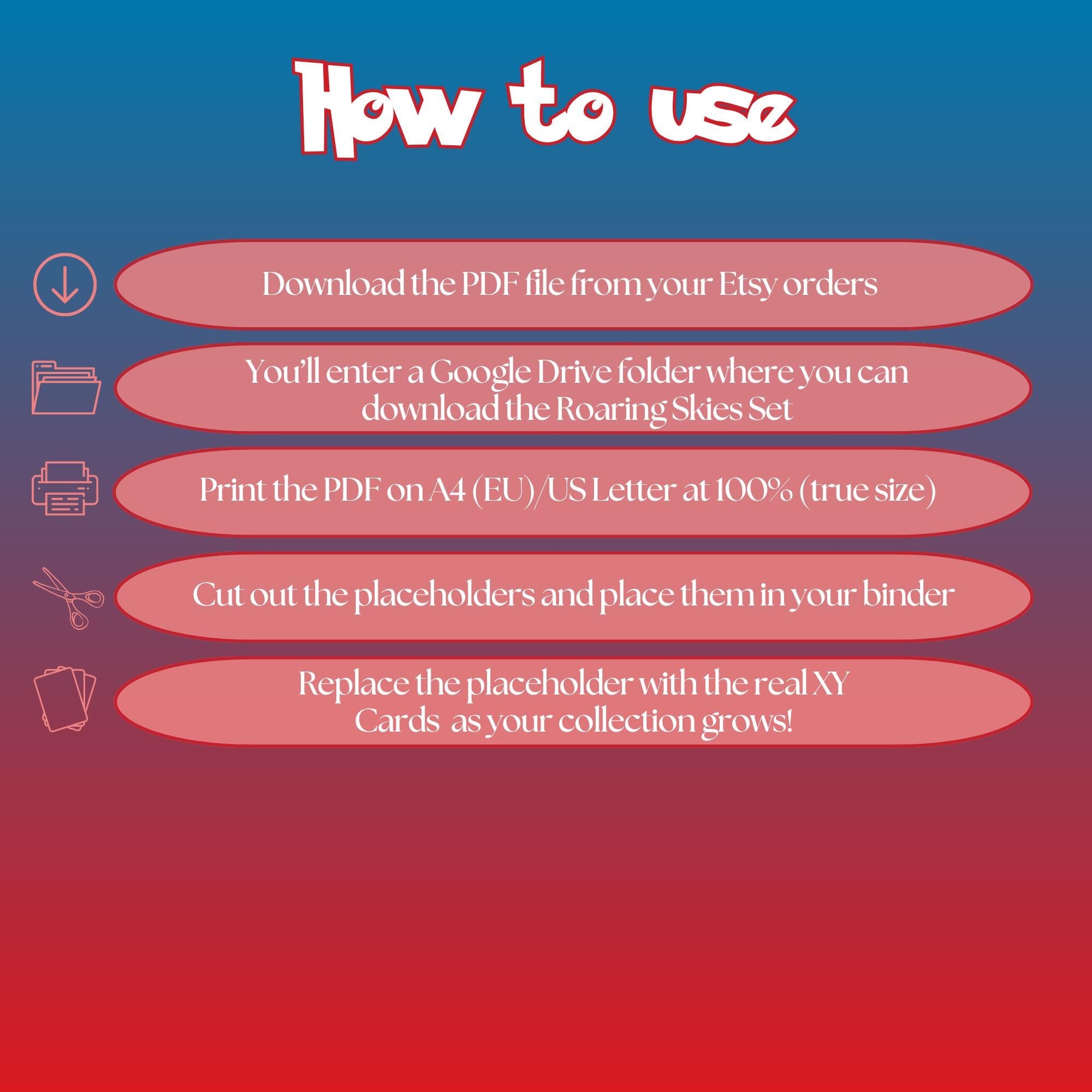 Roaring Skies digital download instructions explaining how to print, cut, and place placeholders in a Pokémon binder.