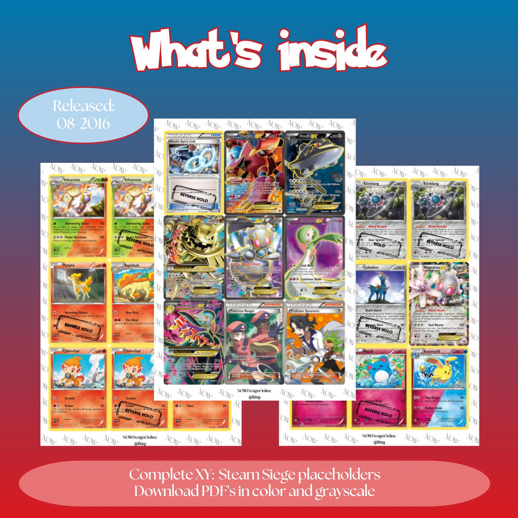 XY: Steam Siege master set overview showing the included Pokémon cards to print and a full color checklist for the XY binder.