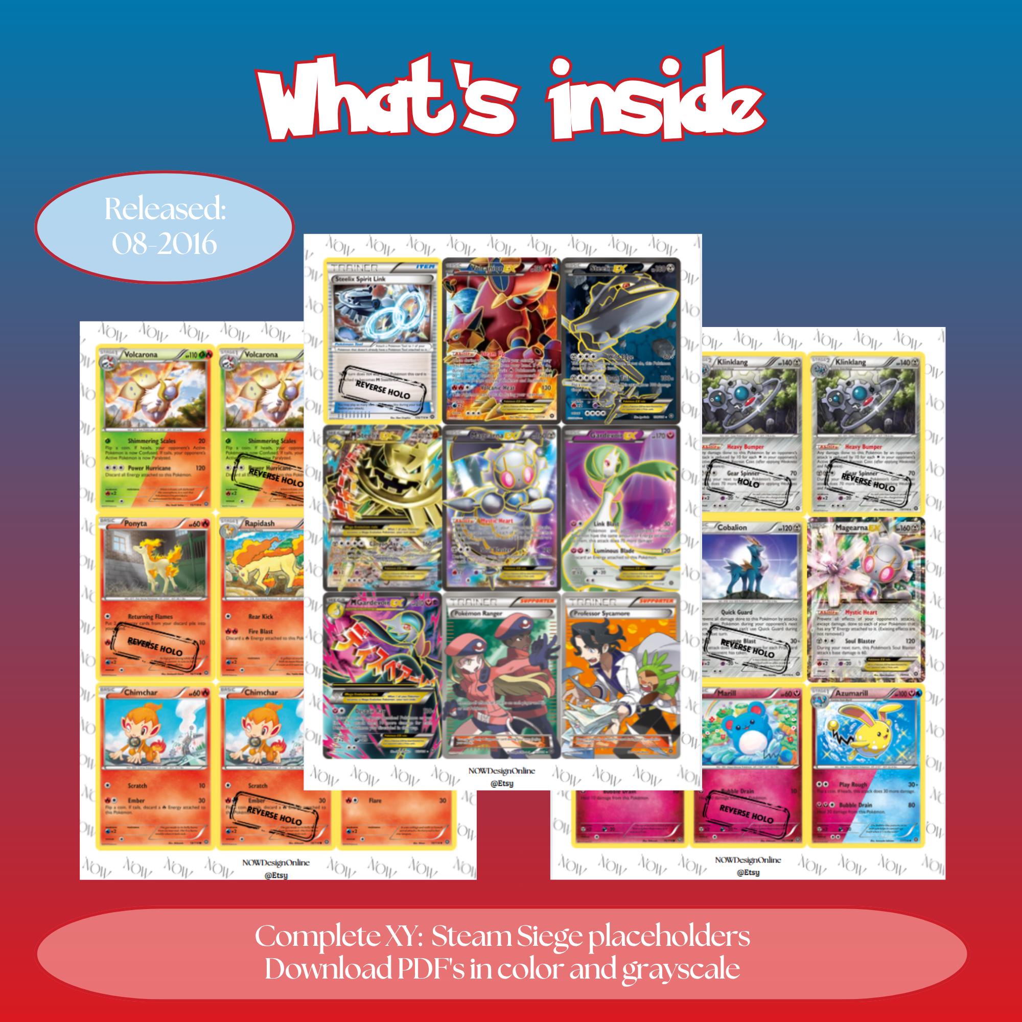 XY: Steam Siege master set overview showing the included Pokémon cards to print and a full color checklist for the XY binder.