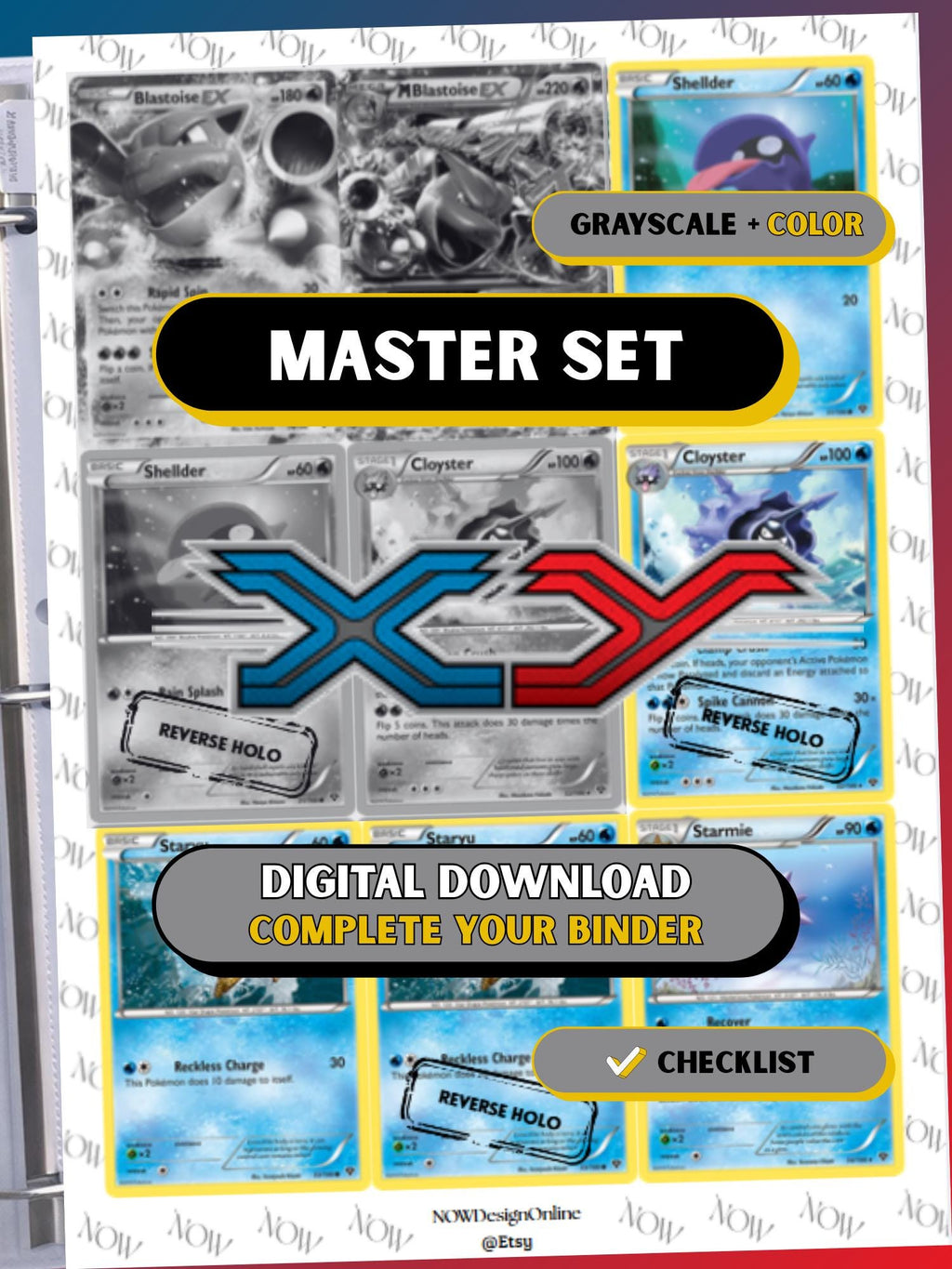 XY Base master set binder page showing grayscale and color Pokémon cards, designed as a digital download with checklist to complete a collector’s binder.
