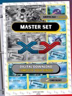 XY Base master set binder page showing grayscale and color Pokémon cards, designed as a digital download with checklist to complete a collector’s binder.