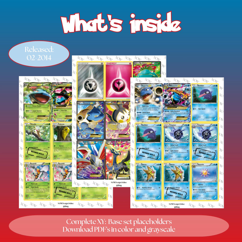XY Base master set overview showing the included Pokémon cards to print and a full color checklist for the XY binder.