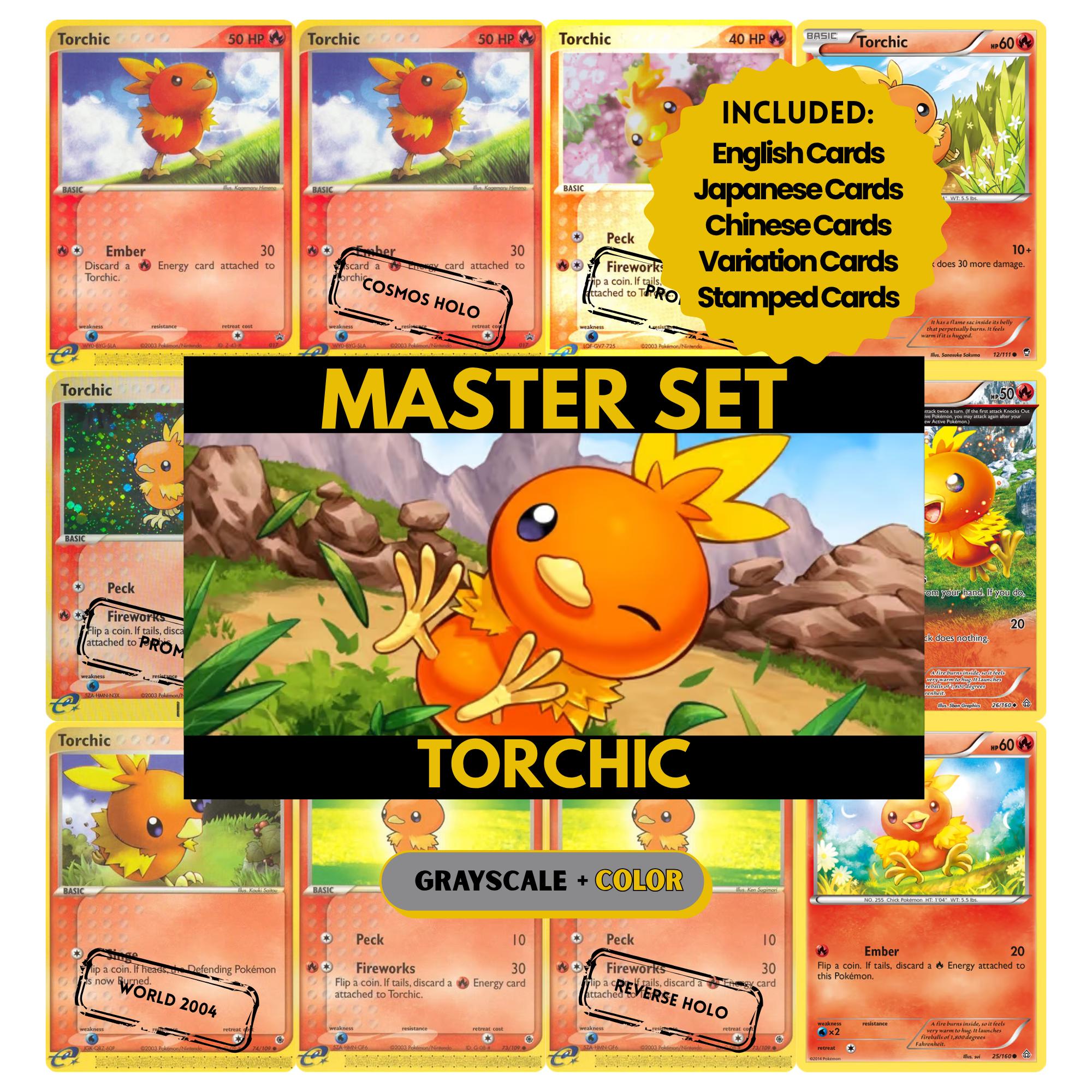 Torchic binder pages set showing grayscale and color Pokémon cards, designed as a digital download to complete a collector’s binder.