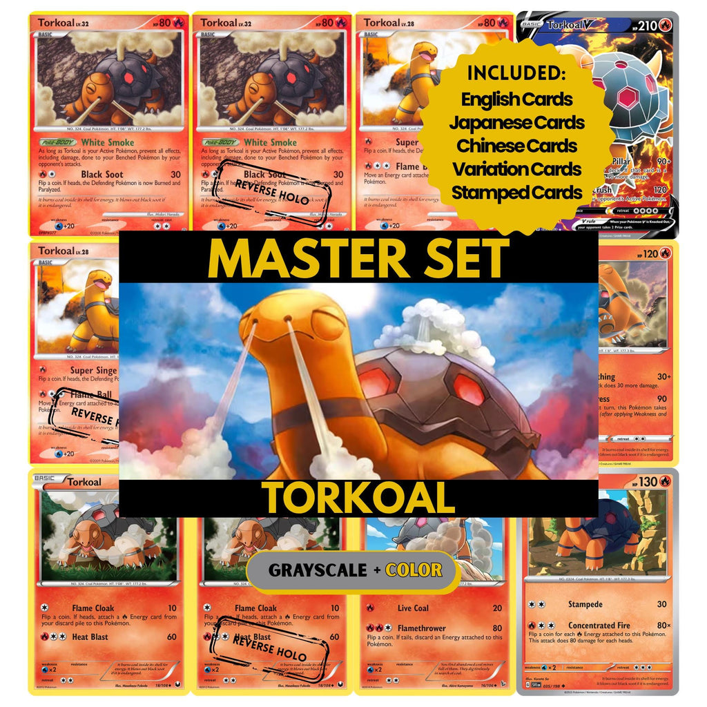 Torkoal binder pages set showing grayscale and color Pokémon cards, designed as a digital download to complete a collector’s binder.