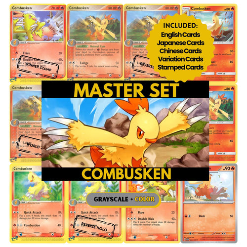 Combusken binder pages set showing grayscale and color Pokémon cards, designed as a digital download to complete a collector’s binder.