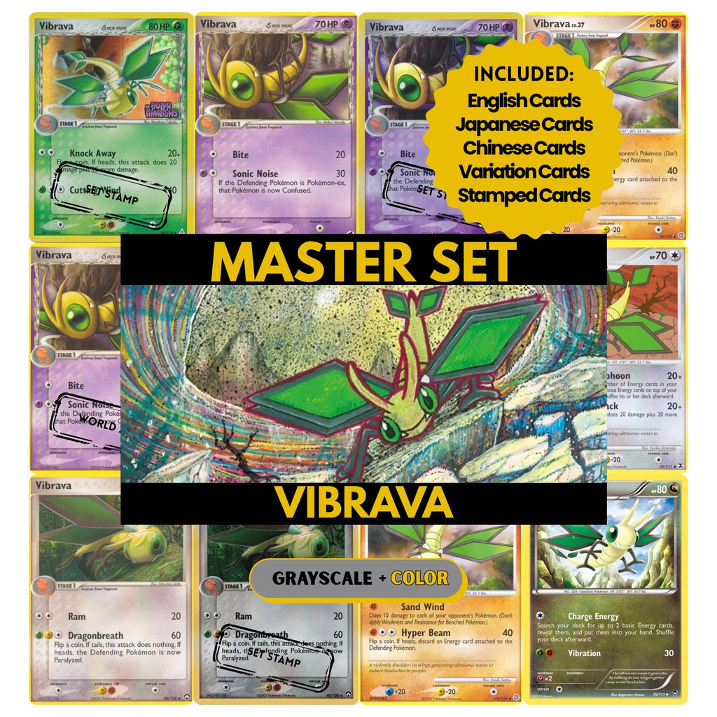 Vibrava binder pages set showing grayscale and color Pokémon cards, designed as a digital download to complete a collector’s binder.
