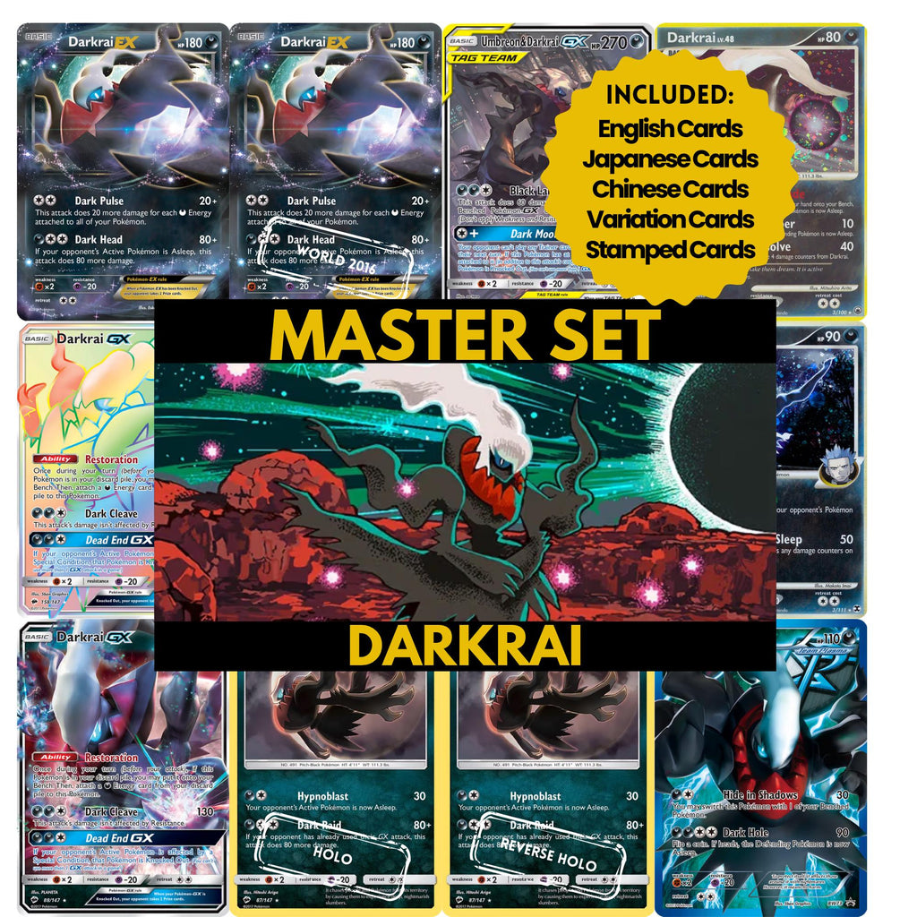 Darkrai master set binder page showing grayscale and color Pokémon cards, designed as a digital download to complete a collector’s binder.