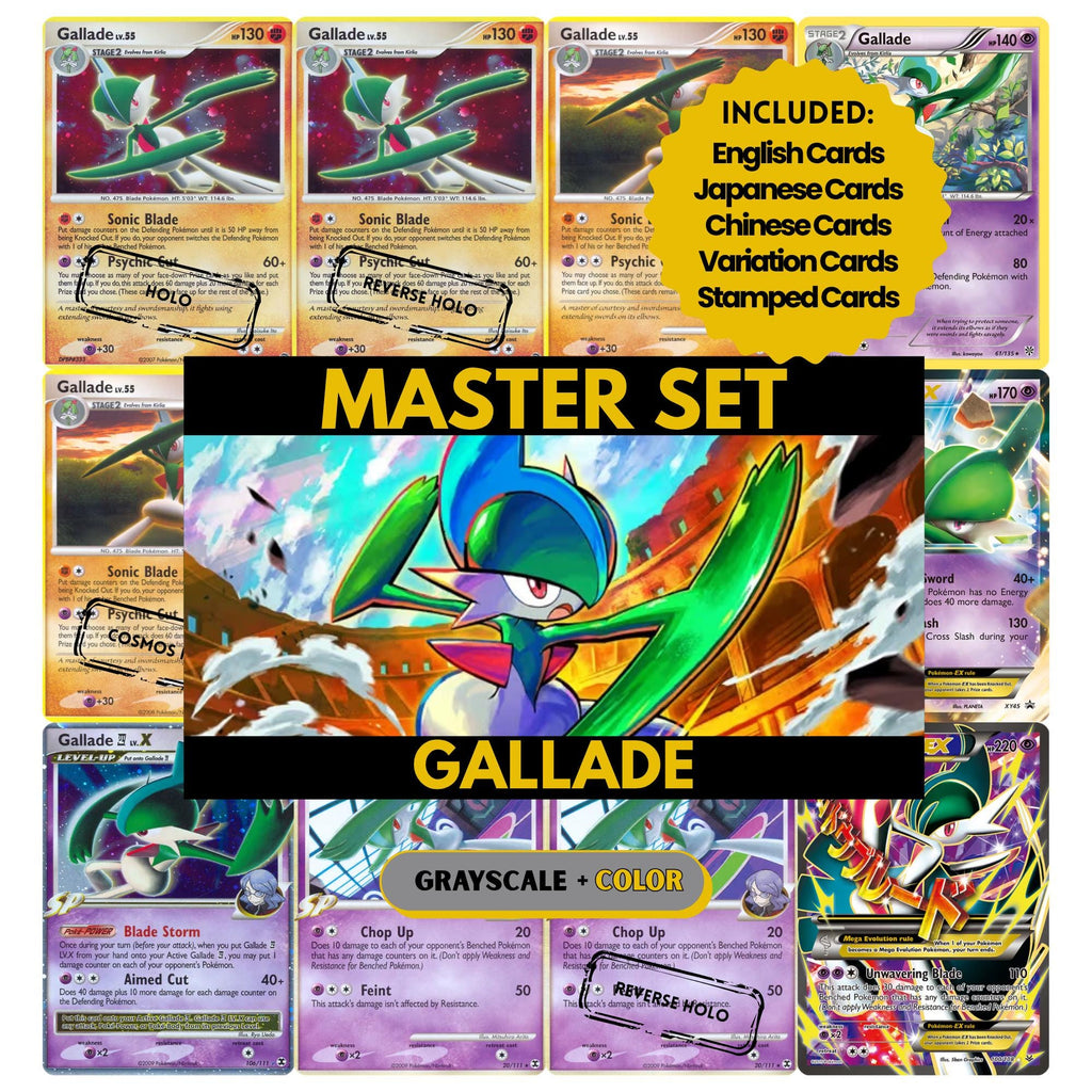 Gallade binder pages set showing grayscale and color Pokémon cards, designed as a digital download to complete a collector’s binder.