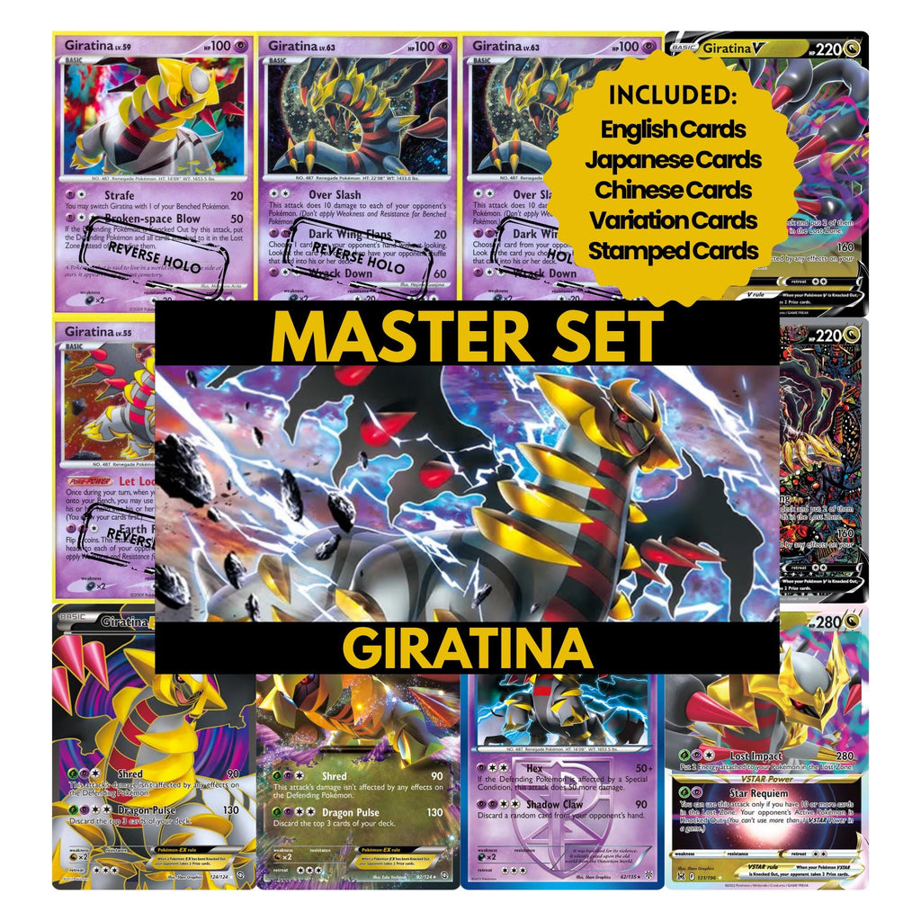 Giratina binder pages set showing grayscale and color Pokémon cards, designed as a digital download to complete a collector’s binder.