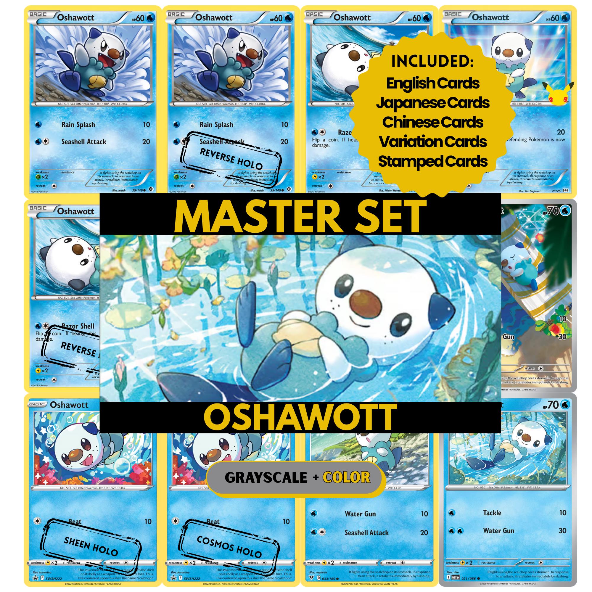 Oshawott binder pages set showing grayscale and color Pokémon cards, designed as a digital download to complete a collector’s binder.
