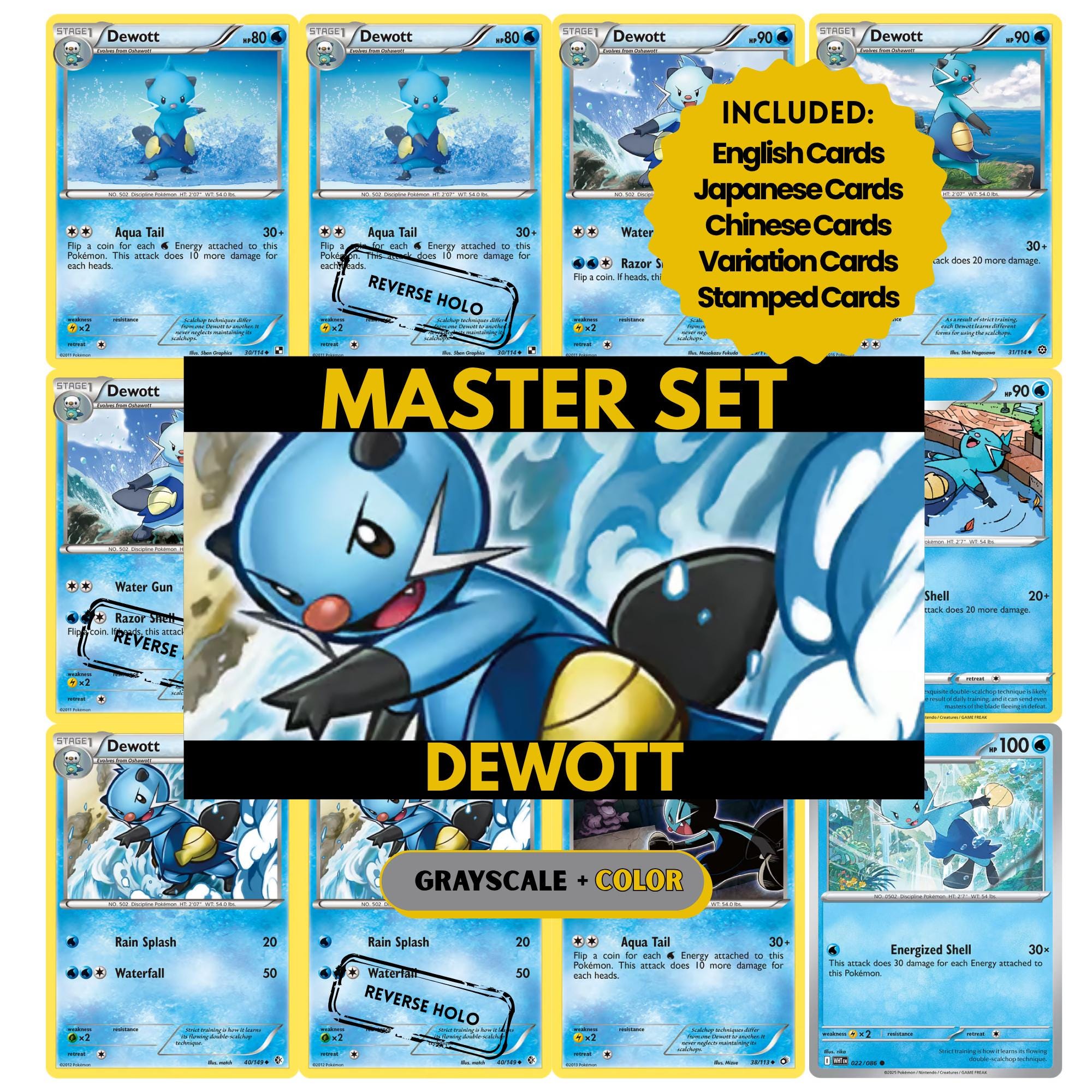 Dewott binder pages set showing grayscale and color Pokémon cards, designed as a digital download to complete a collector’s binder.