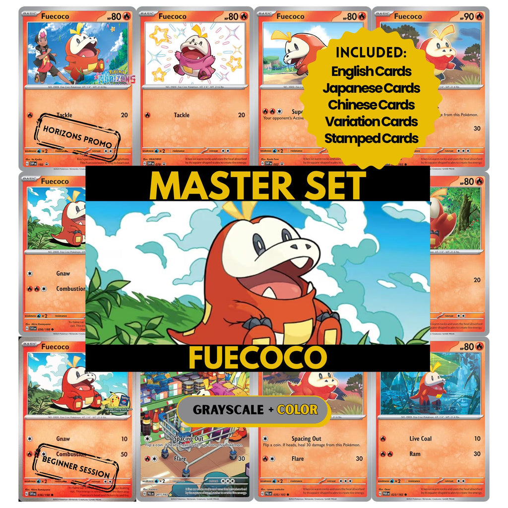 Fuecoco binder pages set showing grayscale and color Pokémon cards, designed as a digital download to complete a collector’s binder.