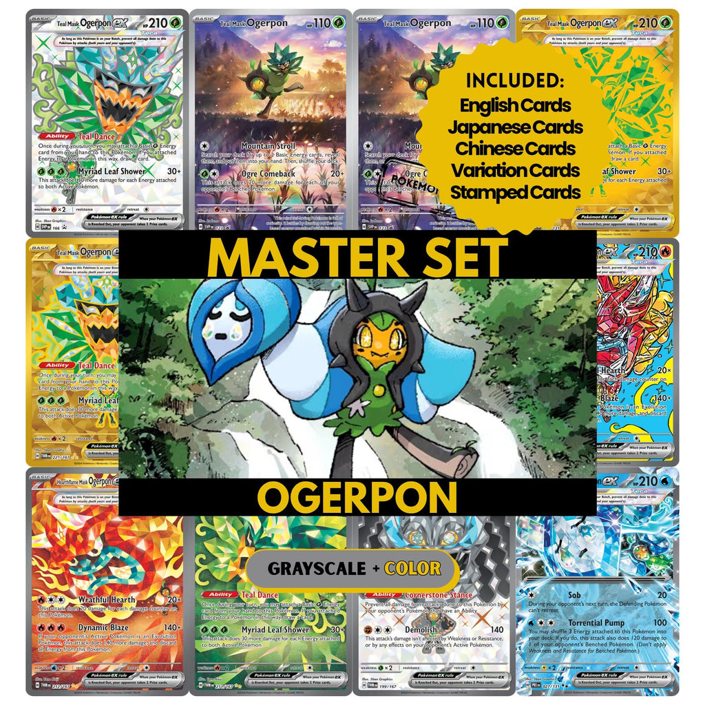 Ogerpon binder pages set showing grayscale and color Pokémon cards, designed as a digital download to complete a collector’s binder.