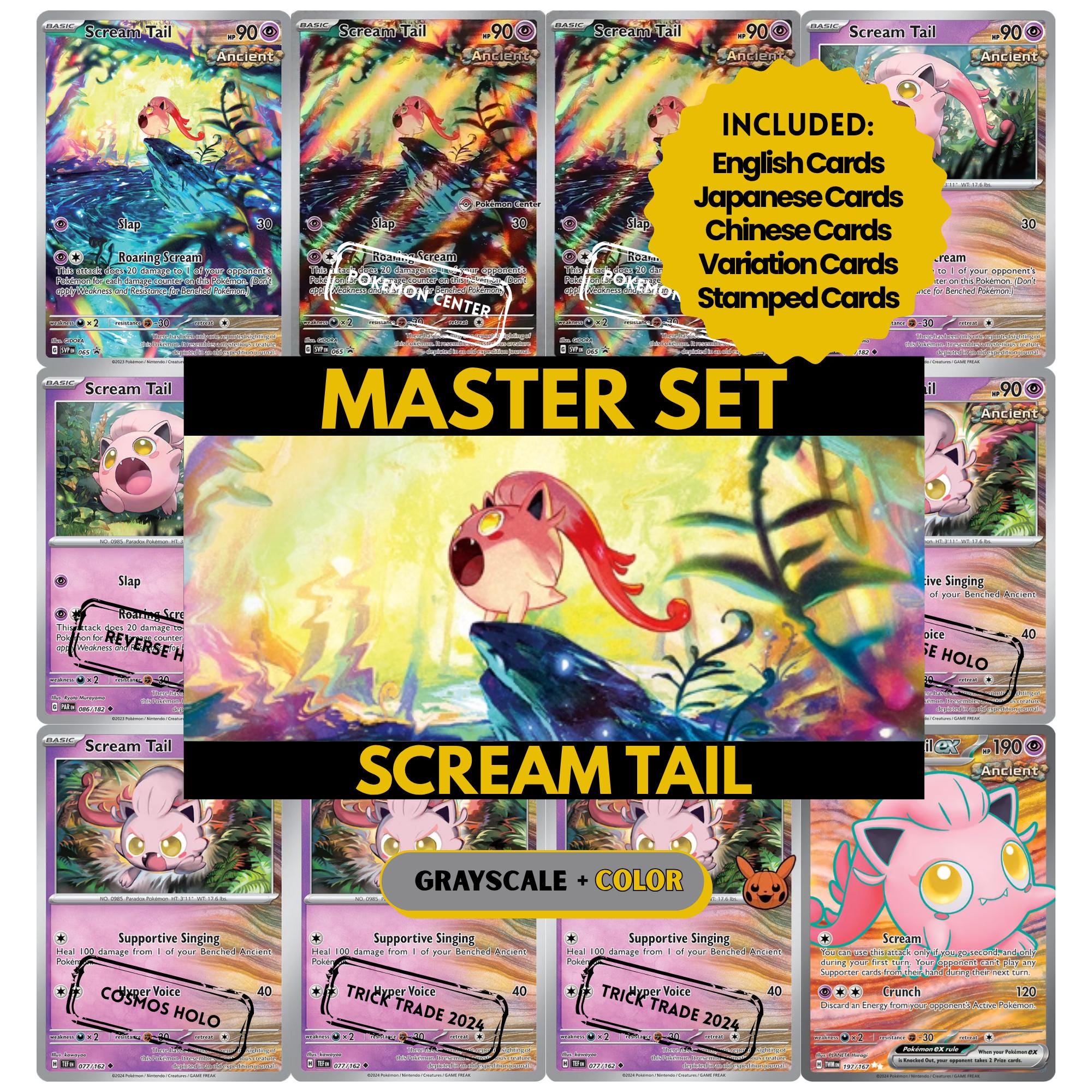 Scream Tail binder pages set showing grayscale and color Pokémon cards, designed as a digital download to complete a collector’s binder.