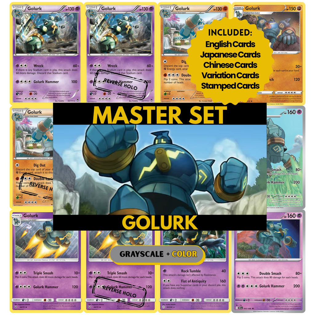 Golurk binder pages set showing grayscale and color Pokémon cards, designed as a digital download to complete a collector’s binder.