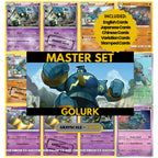 Golurk binder pages set showing grayscale and color Pokémon cards, designed as a digital download to complete a collector’s binder.