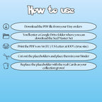 Seel cards digital download instructions explaining how to print, cut, and place placeholders in a Pokémon binder.