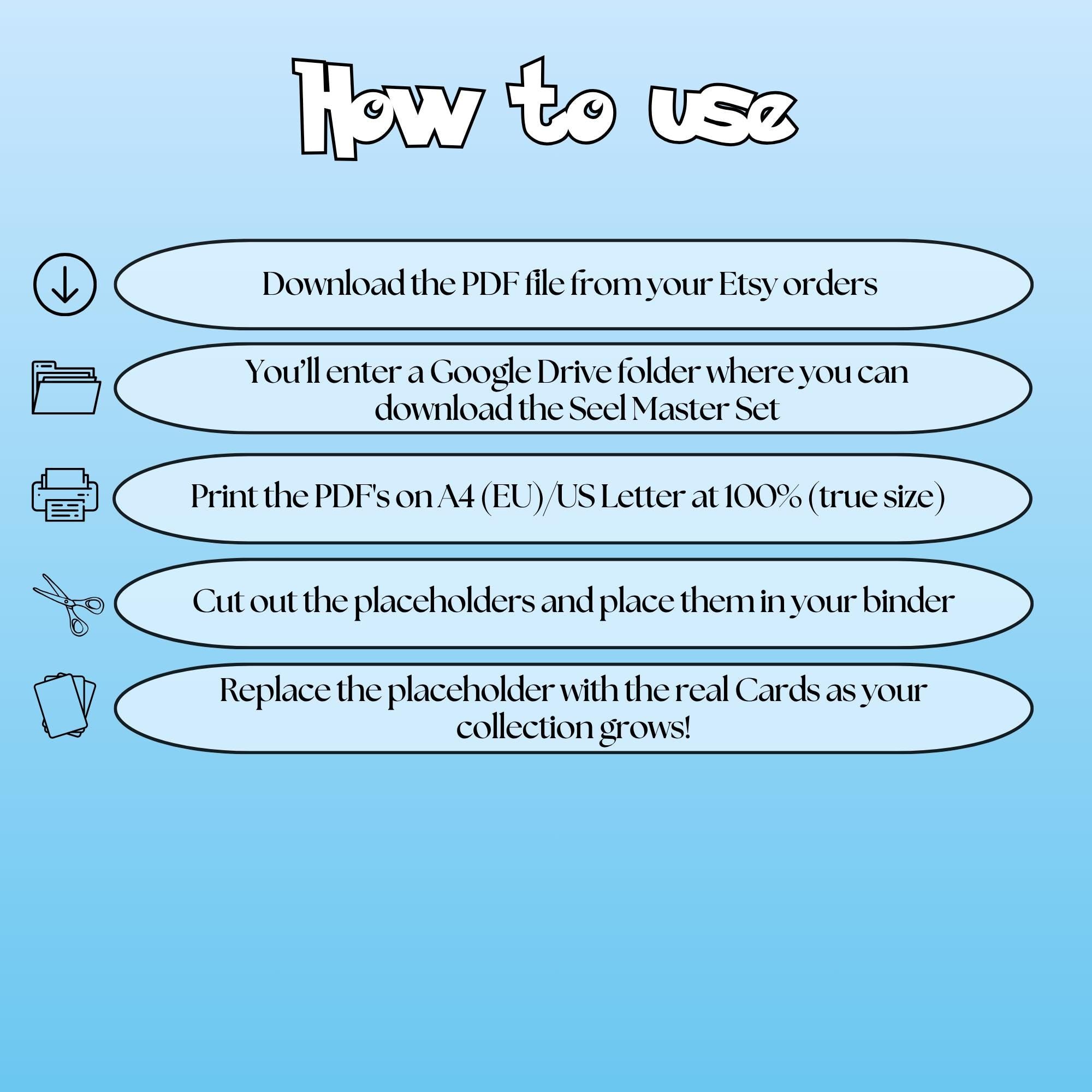 Seel cards digital download instructions explaining how to print, cut, and place placeholders in a Pokémon binder.