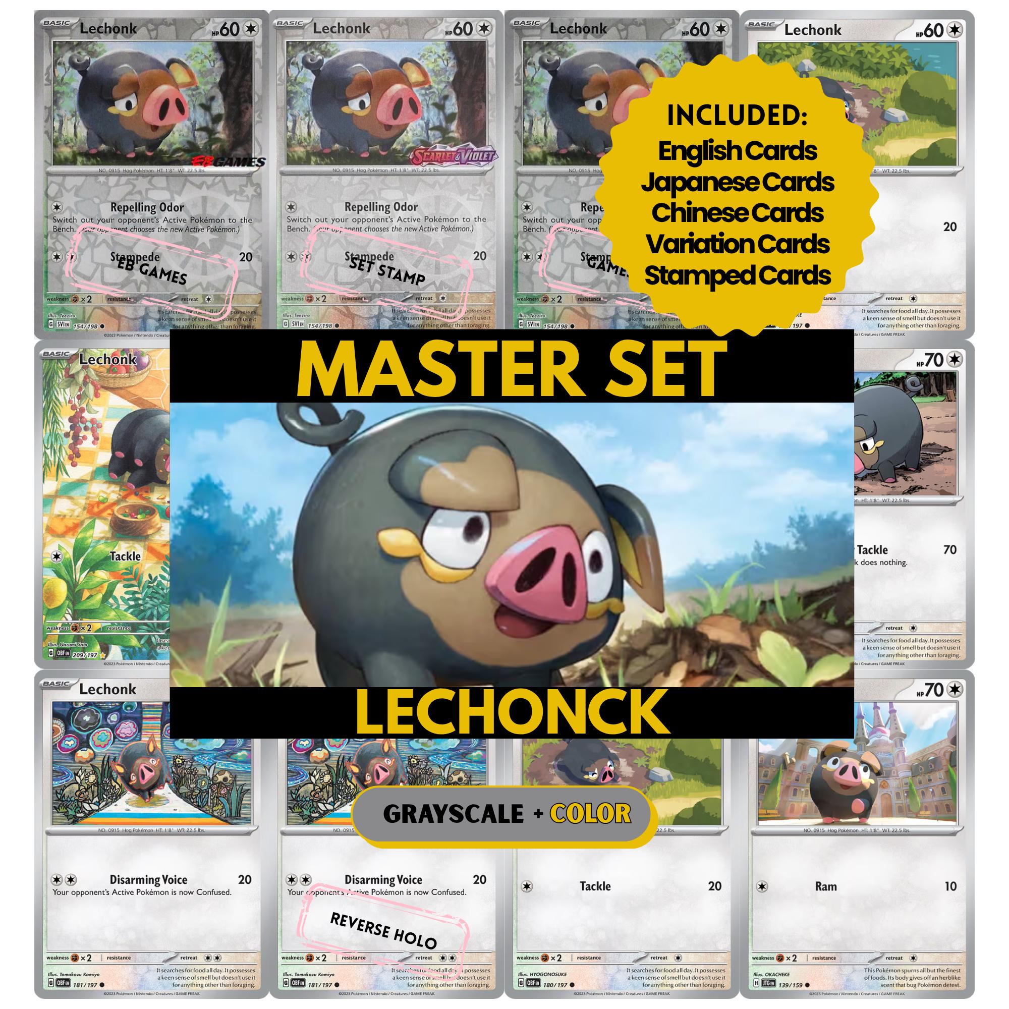Lechonk binder pages set showing grayscale and color Pokémon cards, designed as a digital download to complete a collector’s binder.