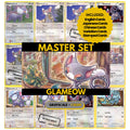 Glameow binder pages set showing grayscale and color Pokémon cards, designed as a digital download to complete a collector’s binder.