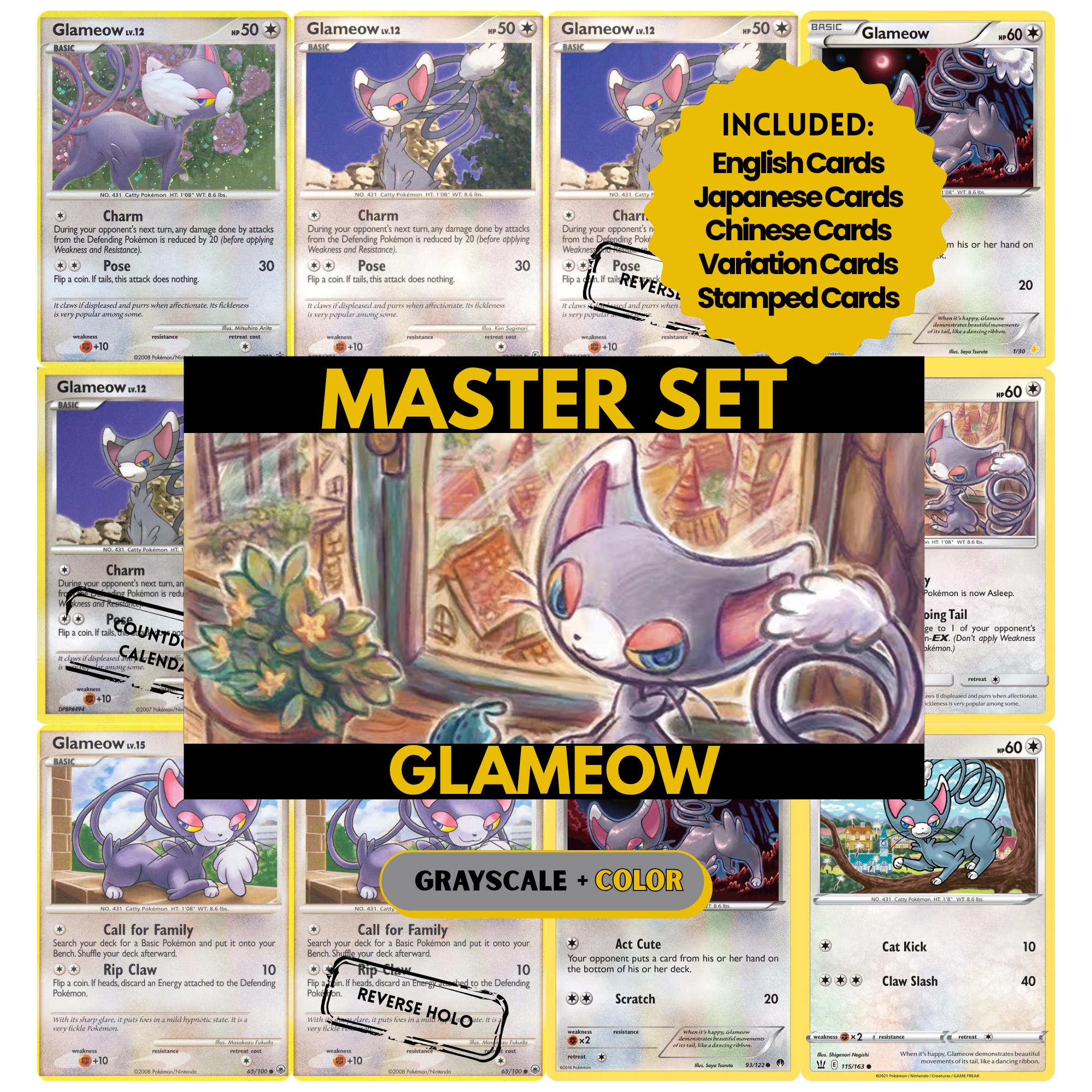 Glameow binder pages set showing grayscale and color Pokémon cards, designed as a digital download to complete a collector’s binder.