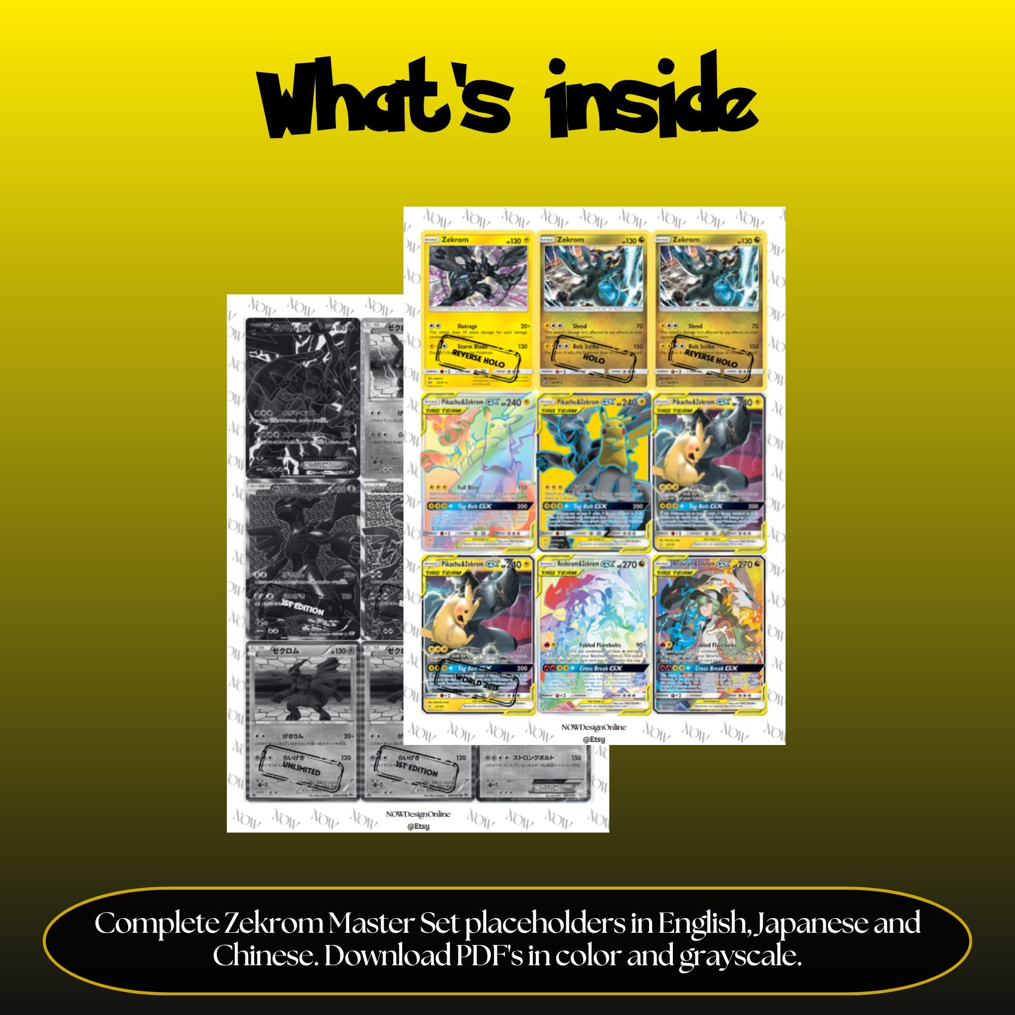 Zekrom binder pages set overview showing the included Pokémon cards to print and cut for your binder sleeves.