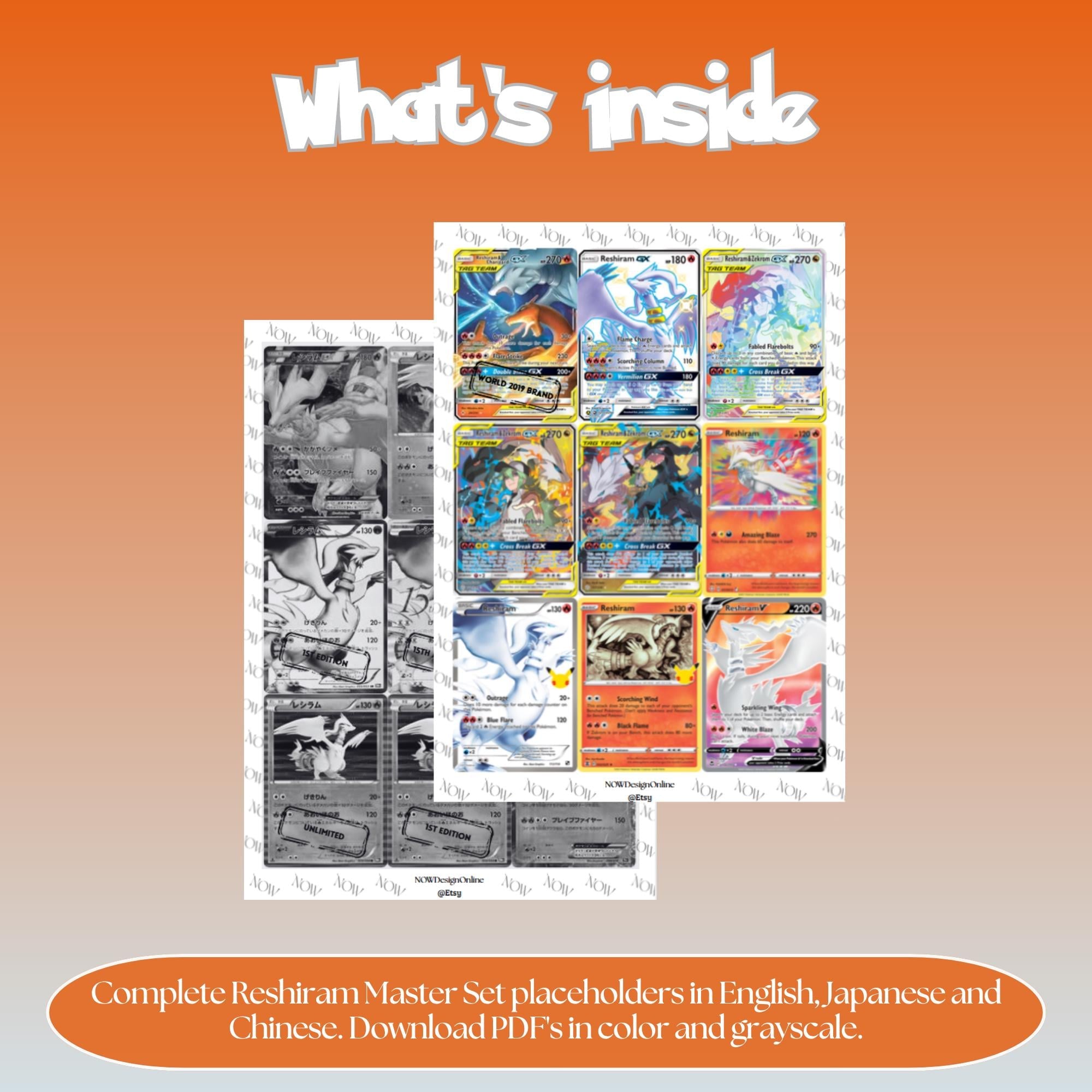 Reshiram binder pages set overview showing the included Pokémon cards to print and cut for your binder sleeves.
