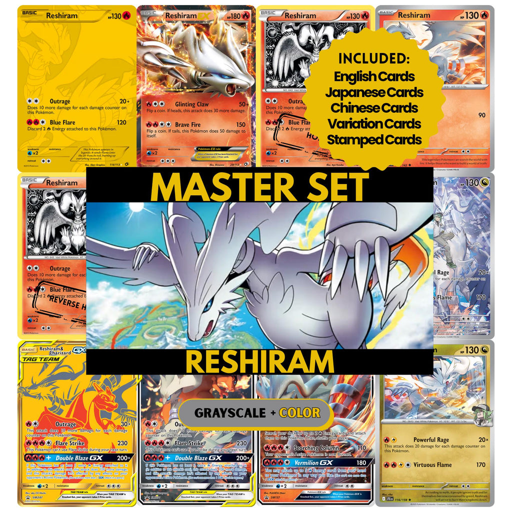 Reshiram binder pages set showing grayscale and color Pokémon cards, designed as a digital download to complete a collector’s binder.