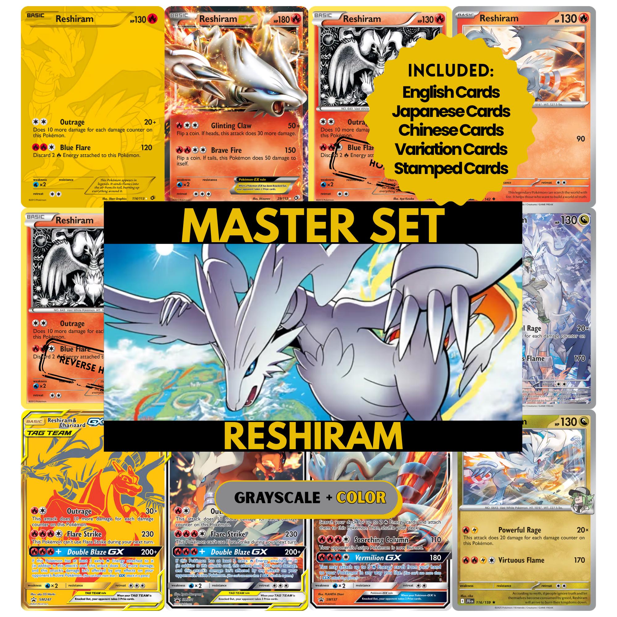 Reshiram binder pages set showing grayscale and color Pokémon cards, designed as a digital download to complete a collector’s binder.