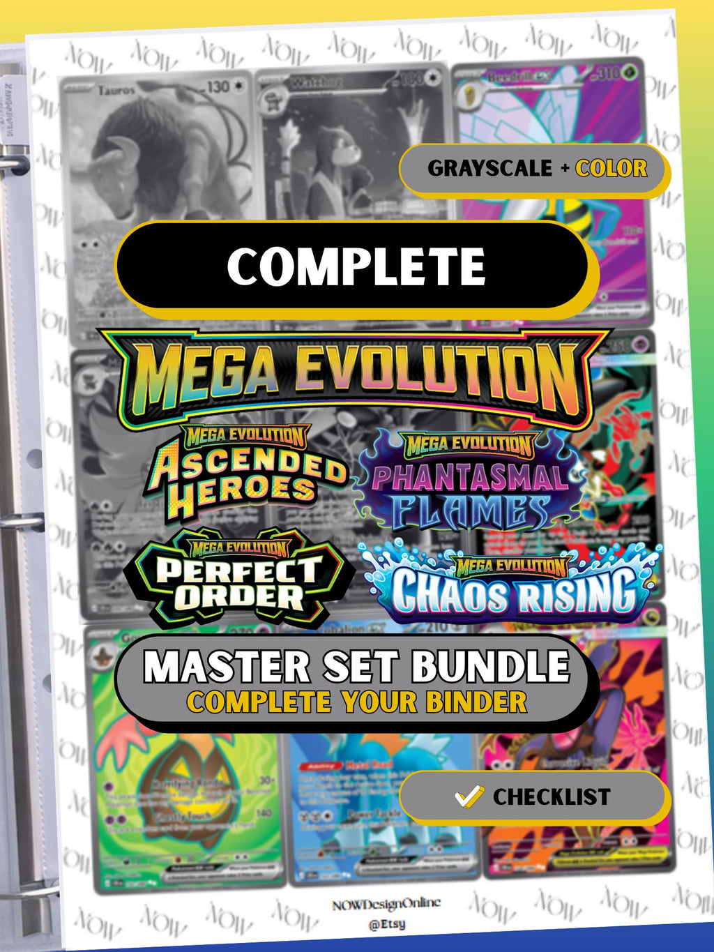 Complete Mega Evolution master set Bundle binder page showing grayscale and color Pokémon cards, designed as a digital download with checklist to complete a collector’s binder.