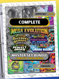 Complete Mega Evolution master set Bundle binder page showing grayscale and color Pokémon cards, designed as a digital download with checklist to complete a collector’s binder.