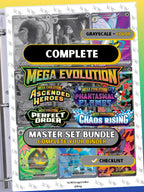 Complete Mega Evolution master set Bundle binder page showing grayscale and color Pokémon cards, designed as a digital download with checklist to complete a collector’s binder.