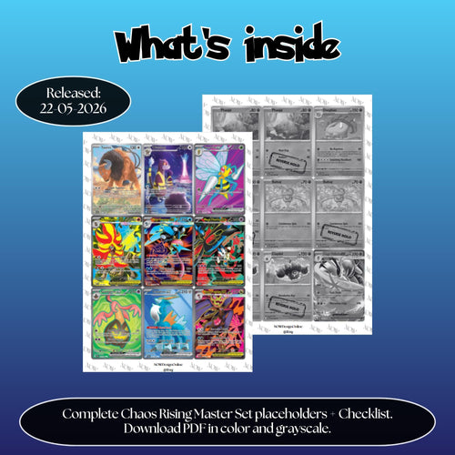 Chaos Rising master set overview showing the included Pokémon cards to print and a full color checklist for the Perfect Order binder.