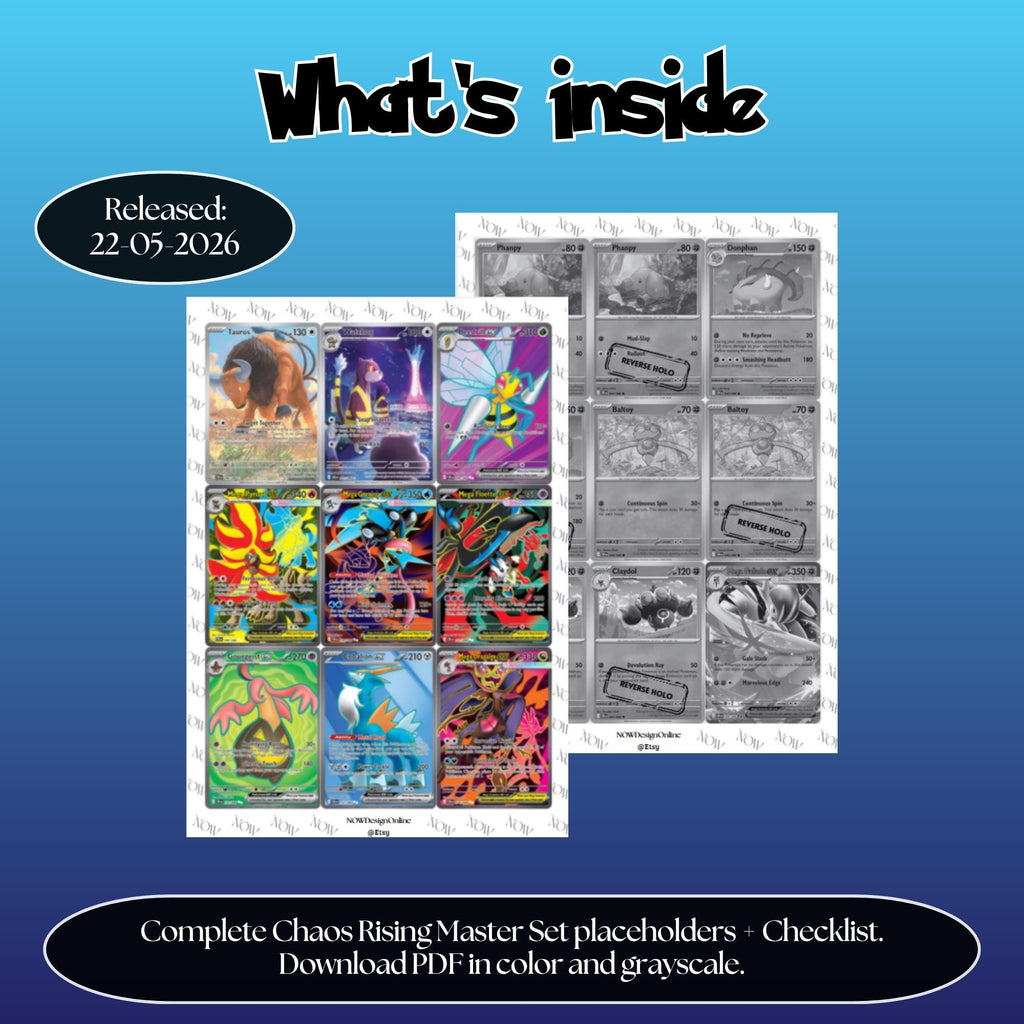 Chaos Rising master set overview showing the included Pokémon cards to print and a full color checklist for the Perfect Order binder.