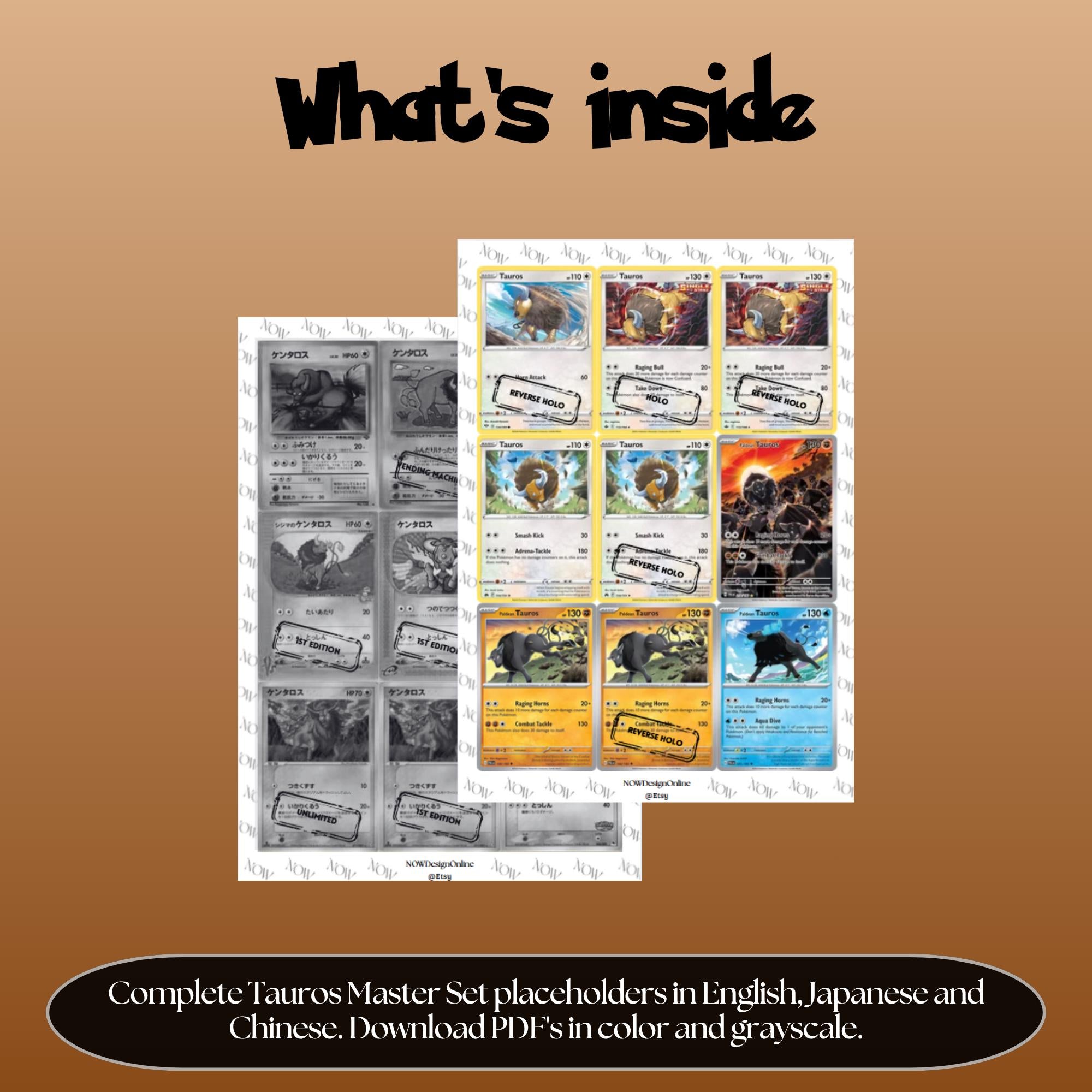 Tauros binder pages set overview showing the included Pokémon cards to print and cut for your binder sleeves.