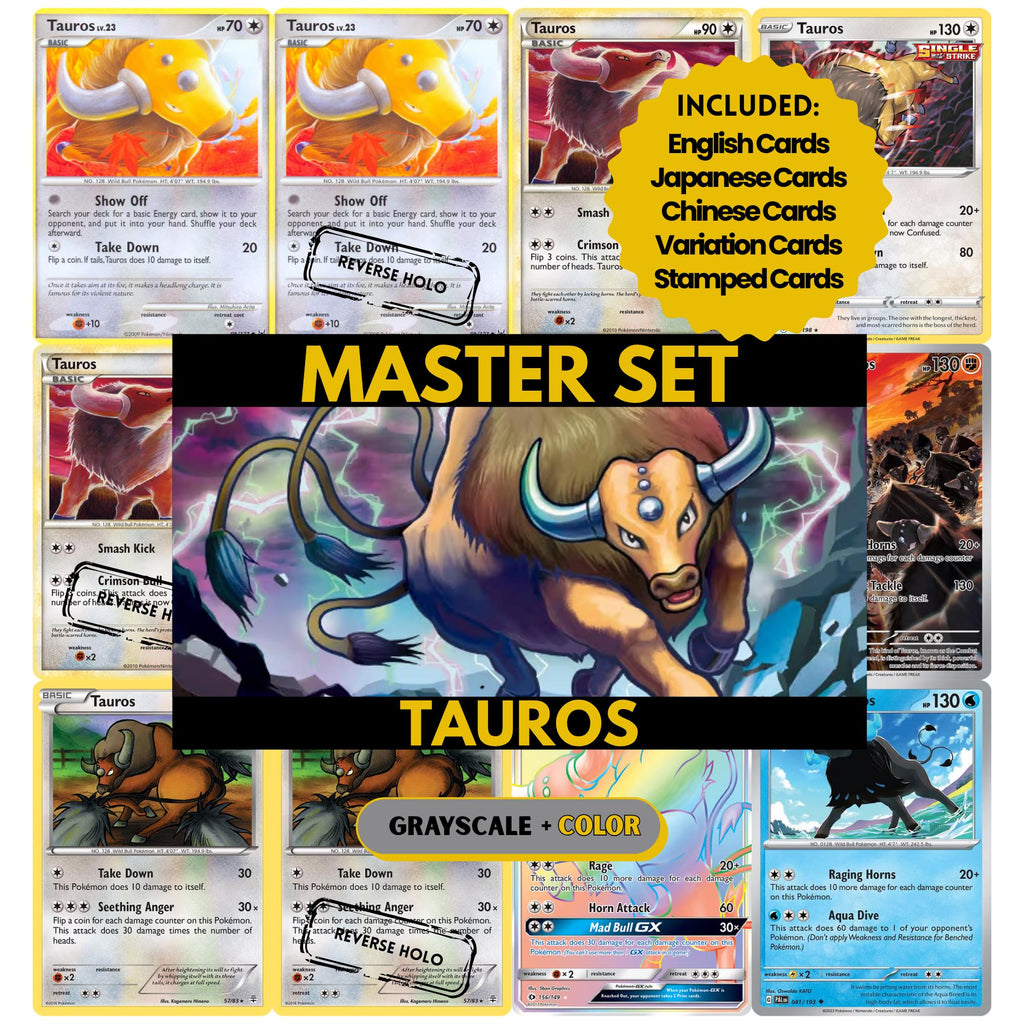 Tauros binder pages set showing grayscale and color Pokémon cards, designed as a digital download to complete a collector’s binder.