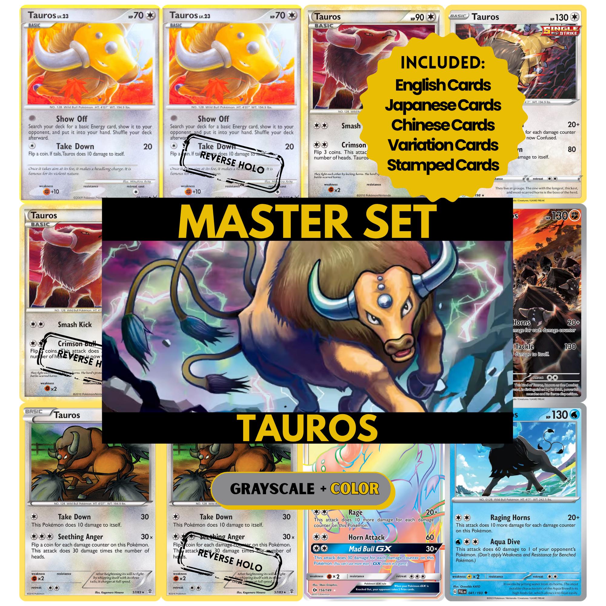 Tauros binder pages set showing grayscale and color Pokémon cards, designed as a digital download to complete a collector’s binder.