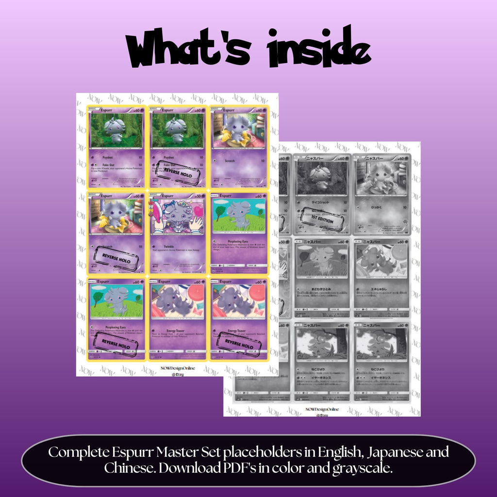 Espurr binder pages set overview showing the included Pokémon cards to print and cut for your binder sleeves.