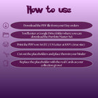 Purrloin cards digital download instructions explaining how to print, cut, and place placeholders in a Pokémon binder.
