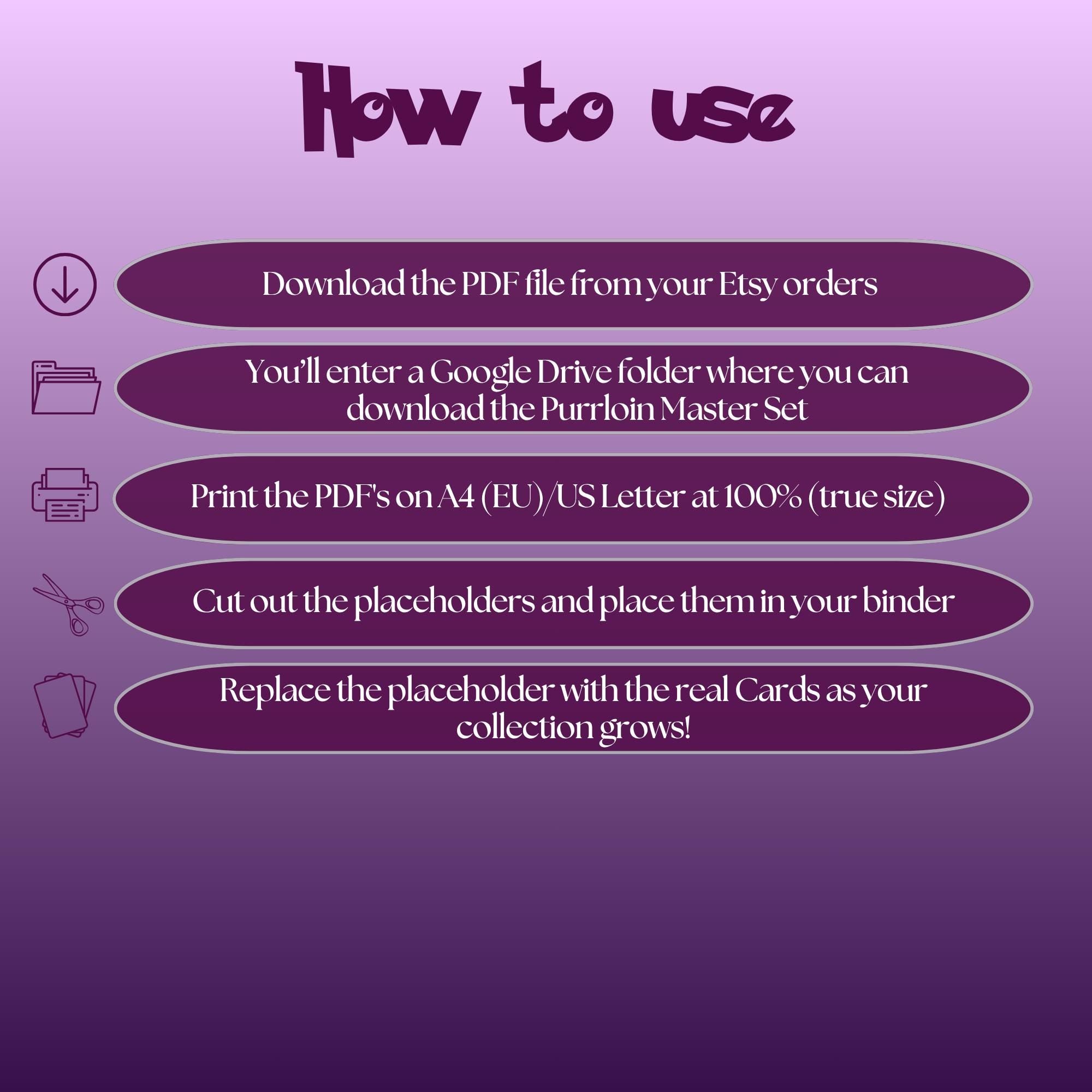 Purrloin cards digital download instructions explaining how to print, cut, and place placeholders in a Pokémon binder.