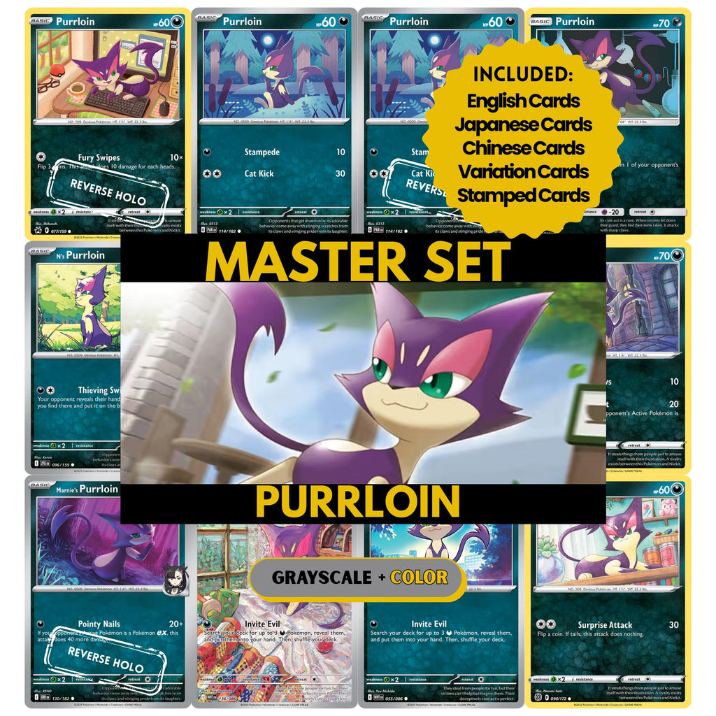 Purrloin binder pages set showing grayscale and color Pokémon cards, designed as a digital download to complete a collector’s binder.