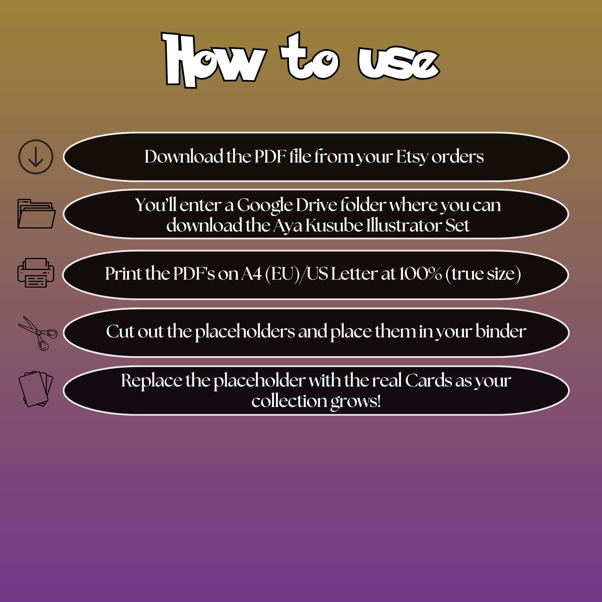 Aya Kusube cards digital download instructions explaining how to print, cut, and place placeholders in a Pokémon binder.